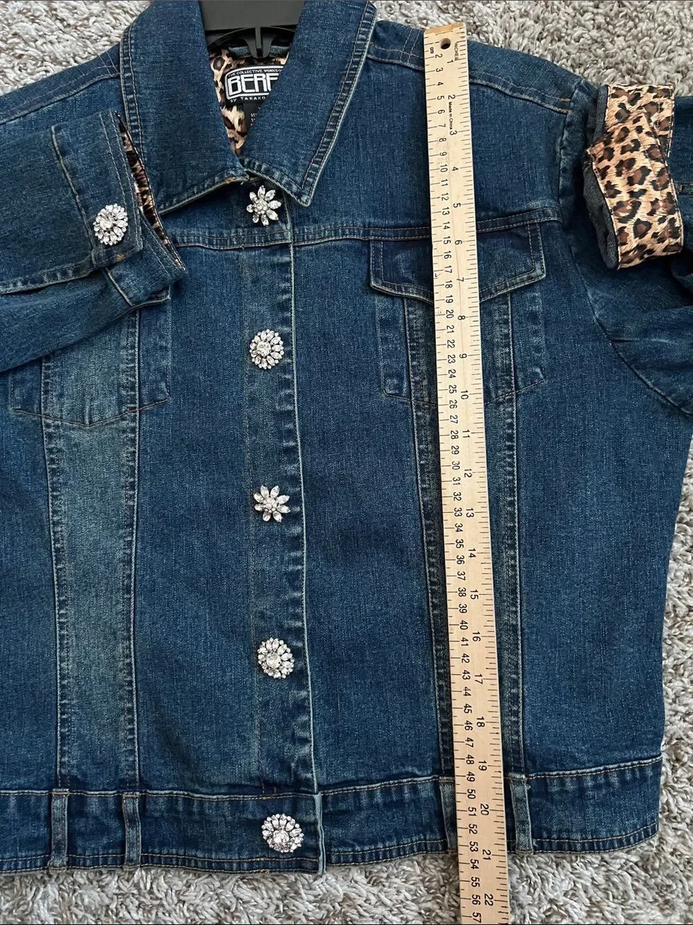 Like New! BERER Rhinestone Flower Button Denim Jacket Animal Print Lining in XL